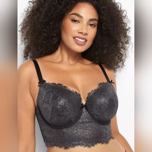 Cacique Foil-Lace Longline Lightly Lined Balconette Black Bra PLUS 44D EUC